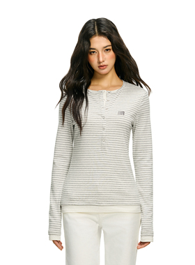 FDR官方店 假两件亨利领撞色条纹修身长袖T恤女春季打底衫上衣