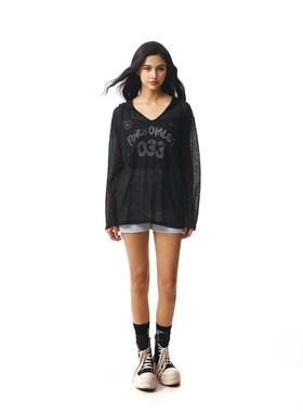 FDR官方店 美式辣妹手绘涂鸦连帽罩衫女夏季薄款V领透视外搭长袖