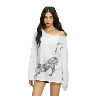 慵懒外穿露肩罩衫 FDR官方店 辣妹薄款 T恤女春季 上衣 豹子斜肩长袖