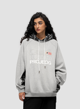 FDR 原创国潮格子拼接连帽卫衣男女秋冬季美式情侣宽松印花上衣