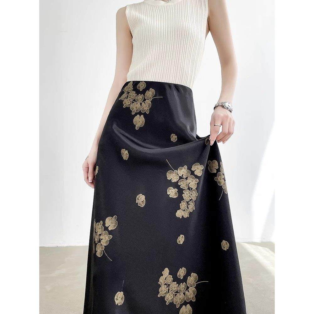 烫金碎花醋酸缎面半身裙女2025夏新款高腰显瘦中长款一步包臀长裙
