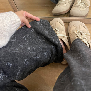 女大童深灰色KT猫糯米裤子秋冬季初中高中生宽松休闲裤直筒阔腿裤
