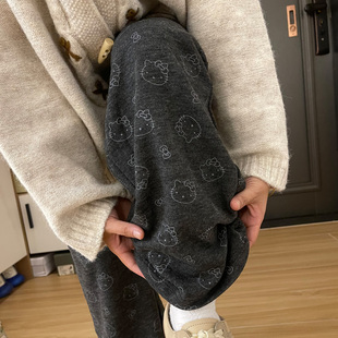 女大童深灰色KT猫糯米裤子秋冬季初中高中生宽松休闲裤直筒阔腿裤