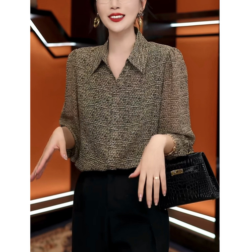 法式印花衬衫女长袖打底衬衣I秋装新款妈妈翻领小衫简约通勤上衣