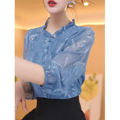 气质花边领七分袖印花衬衫女上衣夏装I气质显瘦小衫宽松妈妈装