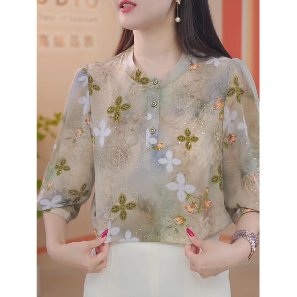 夏季新款圆领妈妈装J气质优雅时尚碎花百搭透气七分袖宽松小衫女