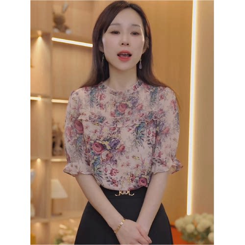 荷叶边碎花高端雪纺衫女短袖夏装显瘦遮肚衬衫妈妈洋气质减龄上衣