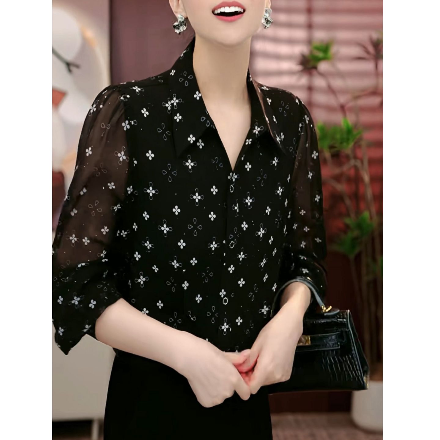时尚翻领长袖衬衫女士2026秋季新款花色小衫洋气减龄百搭通勤上衣