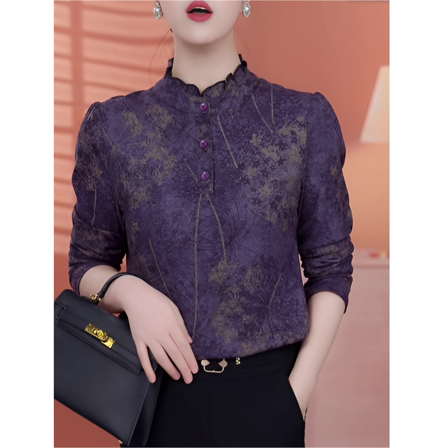 木耳领德绒印花长袖T恤女秋冬妈妈装洋气时尚显瘦内搭打底衫上衣