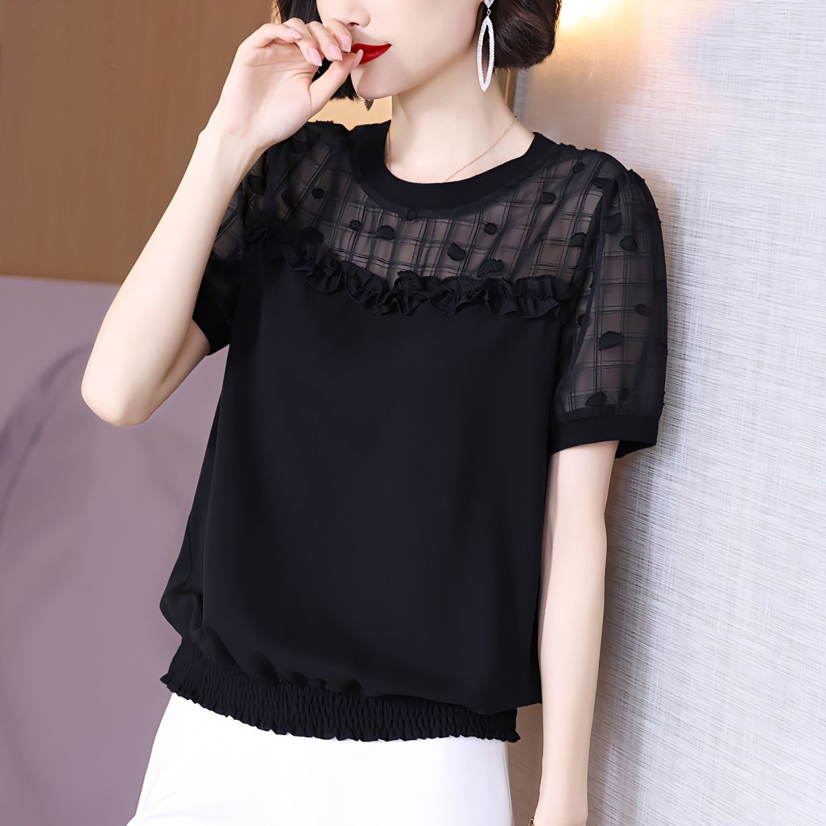 时尚网纱拼接圆领上衣女洋气小衫2025年夏季新款宽松遮肚子雪纺衫