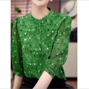 新款 女士夏季 绿色衬衫 洋气减龄上衣 印花圆领七分袖 小衫 妈妈装 时尚