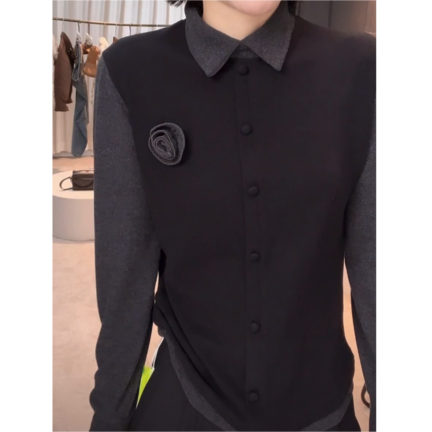 2025秋冬新款玫瑰花双面绒上衣女翻领假两件休闲百搭撞色拼色小衫