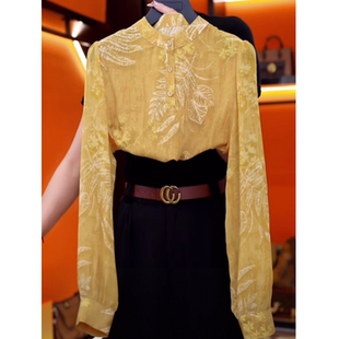 小衫 设计感黄色印花衬衫 气质显瘦圆领减龄百搭长袖 新款 上衣 女秋季