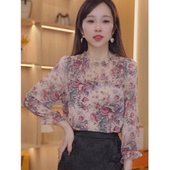 宽松遮肚时尚 木耳边碎花雪纺衬衫 妈妈减龄小衫 春夏新款 上衣 女长袖