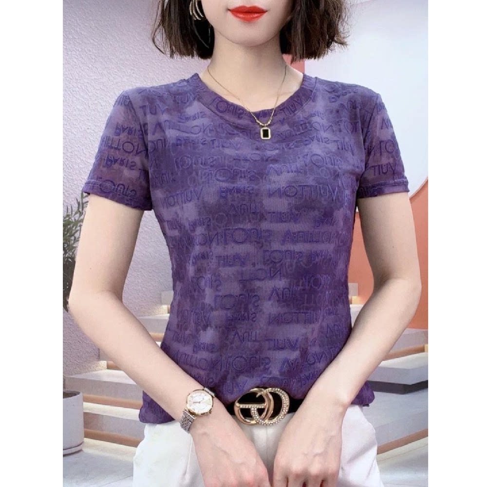 圆领网纱打底衫女短袖t恤夏装新款高端洋气印花弹力小衫显瘦上衣