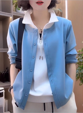 时尚妈妈装长袖假两件拼色卫衣女春秋新款百搭休闲纯色翻领上衣