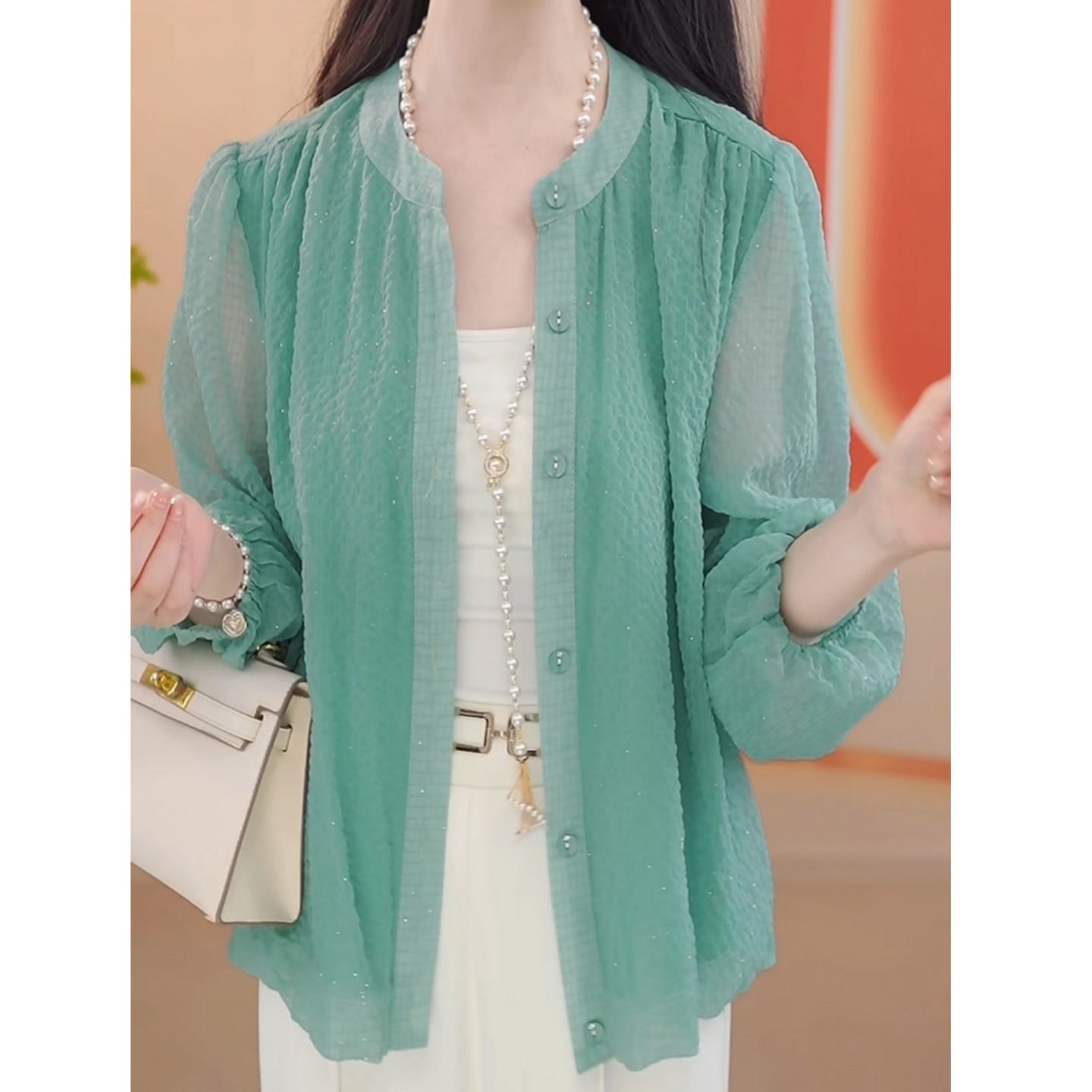 时尚妈妈装绿色漂亮防晒衫短外套女2026春夏新款薄款开衫外搭衬衫