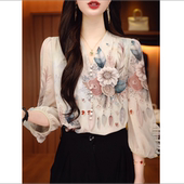 v领碎花衬衫 女2025新款 宽松时尚 夏季 显瘦洋气减龄轻奢七分袖 上衣