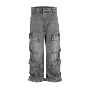 巴黎风格重工水洗做旧工装牛仔裤 多口袋cargo阔腿直筒裤男女同款