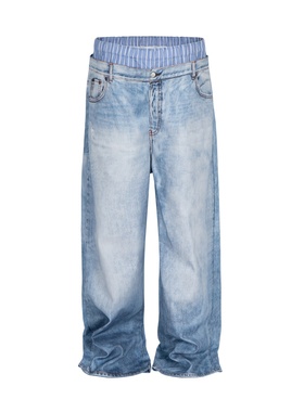 巴黎风格潮牌双腰拼接蓝色牛仔裤个性假两件3D打印个性男女高街裤