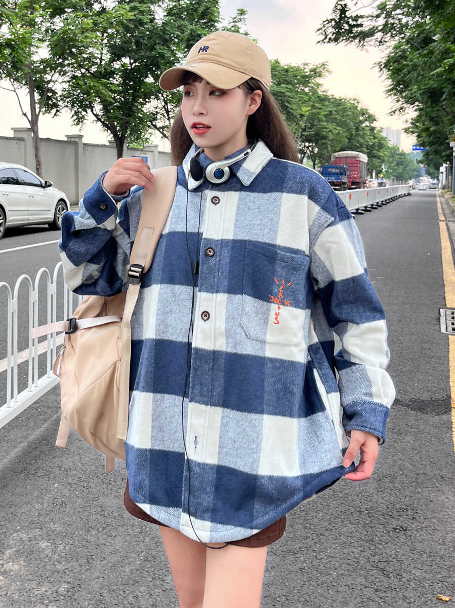 Travis Scott ts蓝白格刺绣毛呢衬衫夹克宽松男女嘻哈格子外套ins
