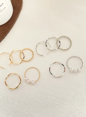 现货秒发戒指女日韩简约ins珍珠波浪形组合戒指五件套个性指环网