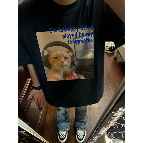 夏季新款美式潮牌趣味小猫印花短袖男女生240g重磅纯棉T恤上衣潮