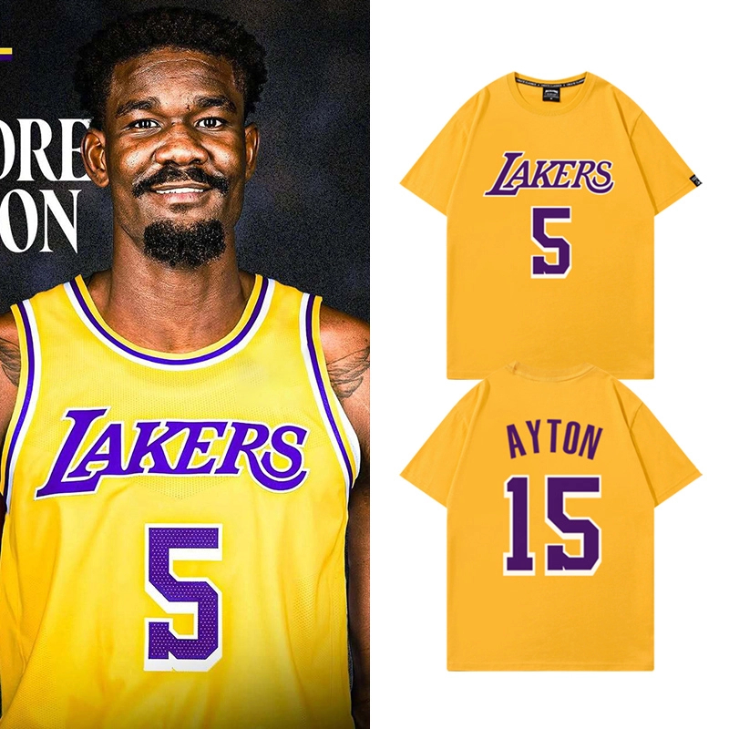 湖人队艾顿5号球衣男美式休闲篮球训练服运动宽松纯棉短袖T恤夏季