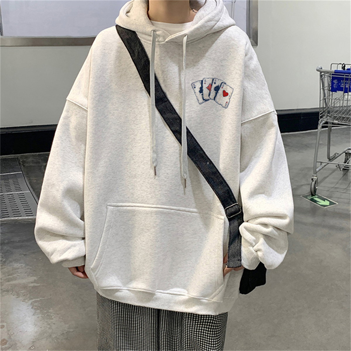 美式复古扑克牌印花连帽卫衣女男秋冬潮牌港风oversize加绒厚外套