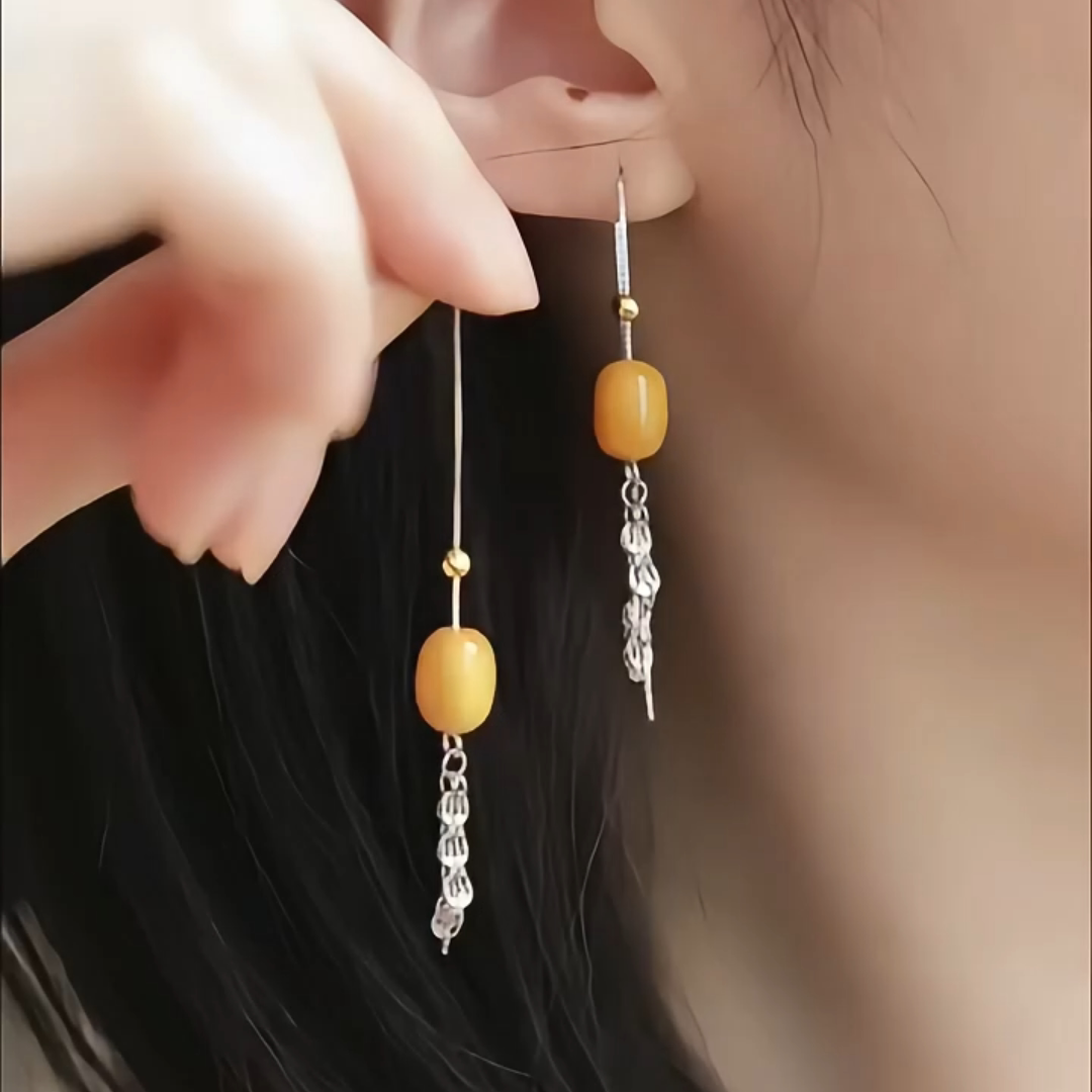 925银民族风蜜蜡桶珠流苏耳线女