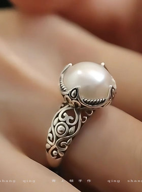 925银复古轻奢大气珍珠镂空戒指