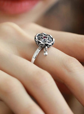 925银民族风六字真言转动戒指女