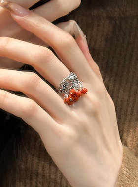 925银民族风喜鹊登枝南红戒指女