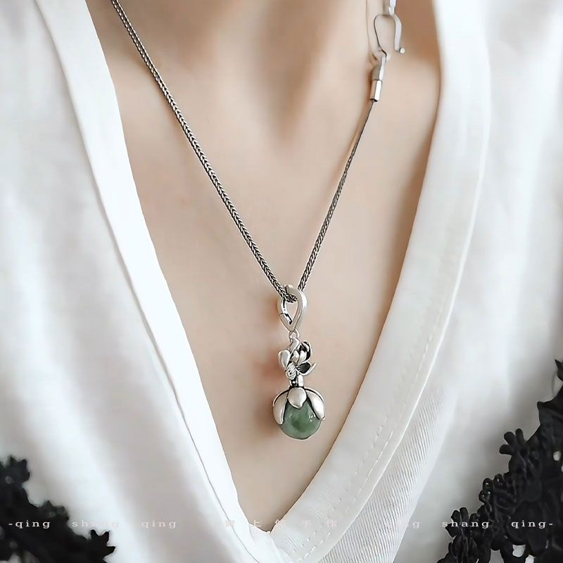 925银复古民族风莲花翡翠吊坠女