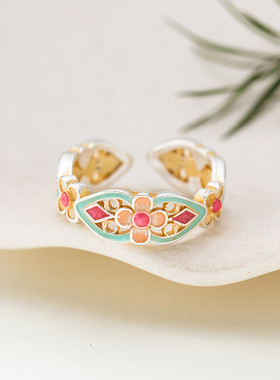 925银民族风珐琅花朵气质戒指女