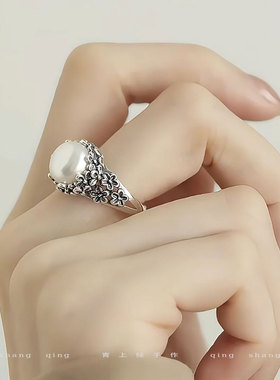 925银新中式气质桃花珍珠戒指女