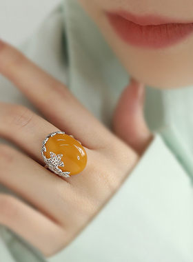 925银民族风蜜蜡树叶精致戒指女