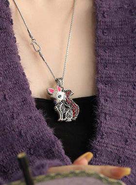 925银中国风珐琅狐狸百搭吊坠女