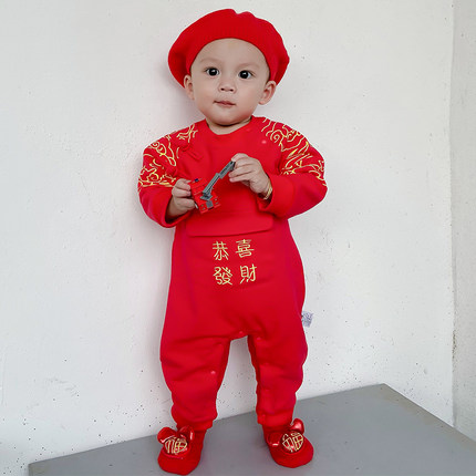 马年我的第一新年拜年服冬季保暖加绒国潮超萌宝宝婴儿连体衣爬服
