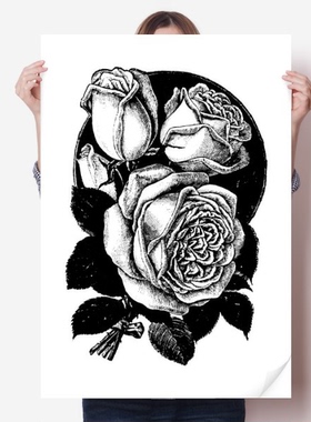 素描玫瑰植物花卉图案海报贴纸80x55cm墙贴纸卧室家居装饰