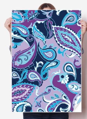 蓝色花叶点线抽象花纹海报贴纸80x55cm墙贴纸卧室家居装饰