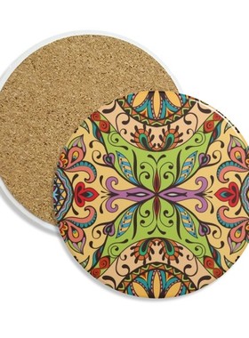 欧式风格花纹花叶子线条黄色圆形杯垫水杯隔热垫2片装礼品礼物