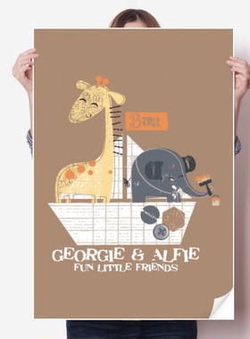 长颈鹿卡通动物棕大象海报贴纸80x55cm墙贴纸卧室家居装饰