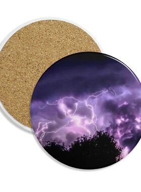 紫色闪电夜晚圆形陶瓷杯垫水杯隔热垫2片装礼品礼物茶道