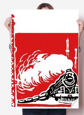 火车铁塔蒸汽红色插画海报贴纸80x55cm墙贴纸卧室家居装饰
