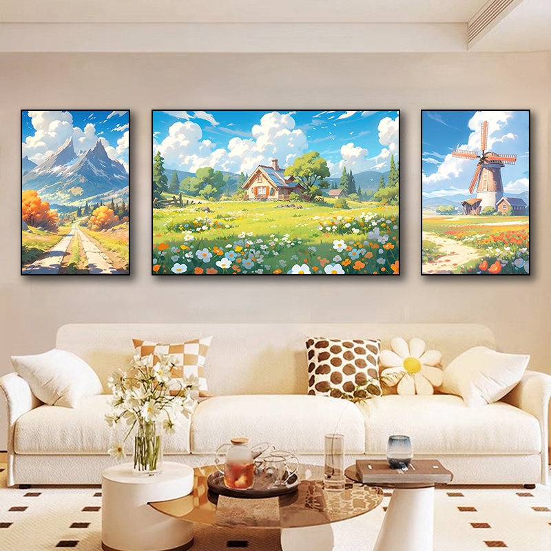 客厅沙发背景墙装饰画蓝天白云风景儿童房油画风格挂画卧室床头画