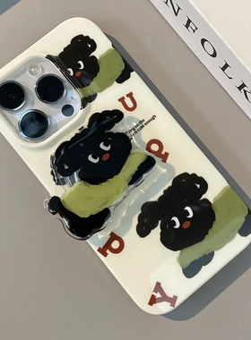 绿色狗狗支架手机壳苹果14亮面软131211适用苹果15promax卡通情侣