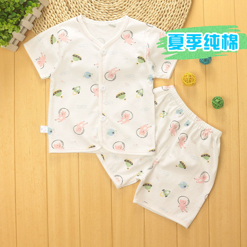 新生儿夏季薄款衣服男女宝宝纯棉开衫短袖短裤婴儿两件套装0-1岁