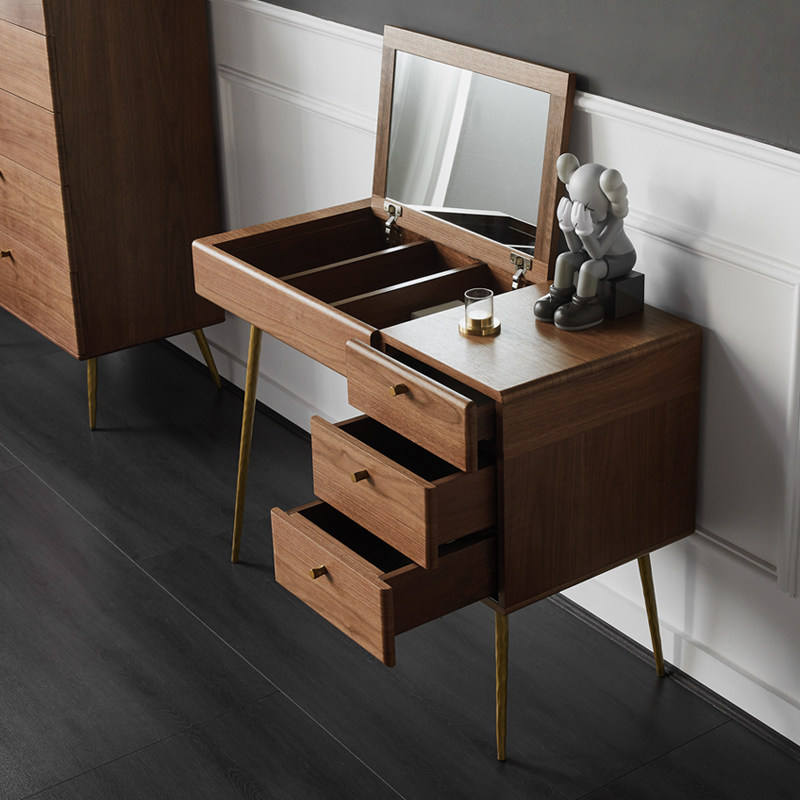 北欧实木翻盖梳妆台 现代简约卧室小户型轻奢胡桃木色化妆桌子