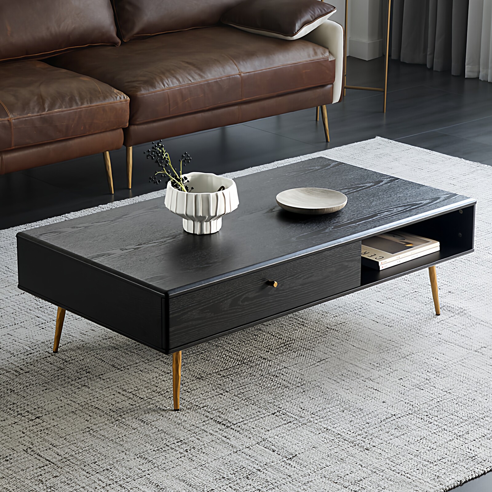 意式简约黑色橡木实木茶桌 侘寂风小户型客厅家用双抽屉收纳茶几